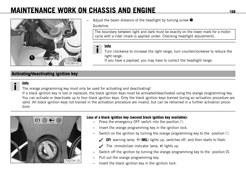 Activating/deactivating ignition key, Maintenance work on chassis and engine | KTM 1190 RC8 FR User Manual | Page 170 / 234