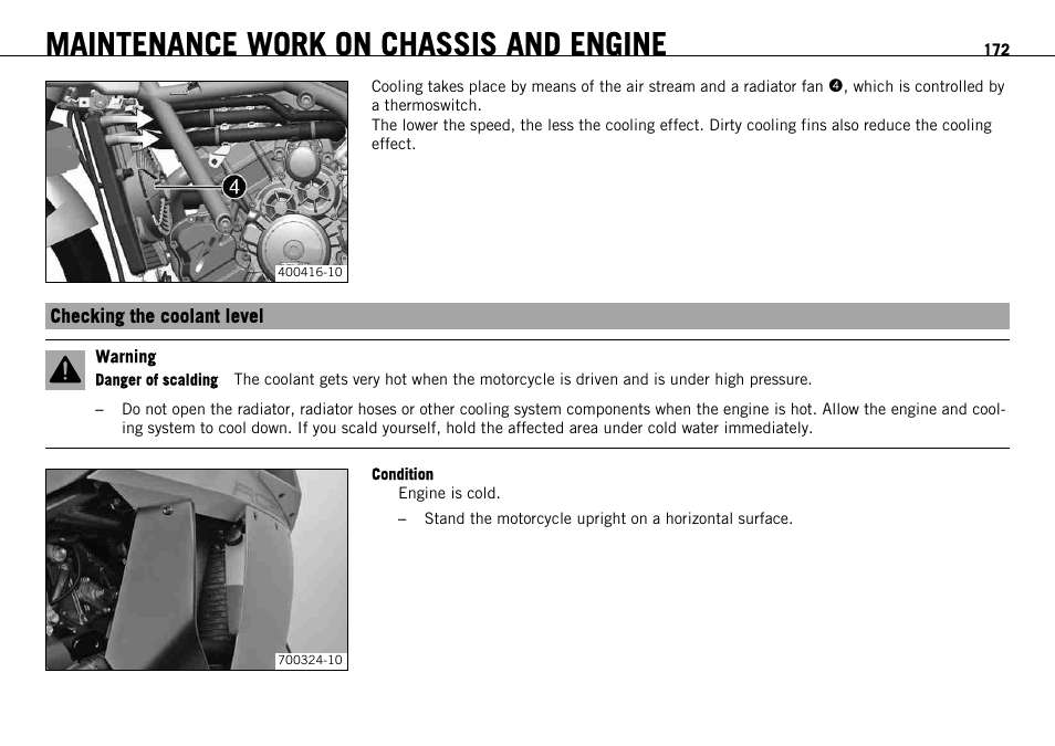 Checking the coolant level, S. 172), Maintenance work on chassis and engine | KTM 1190 RC8 FR User Manual | Page 174 / 234