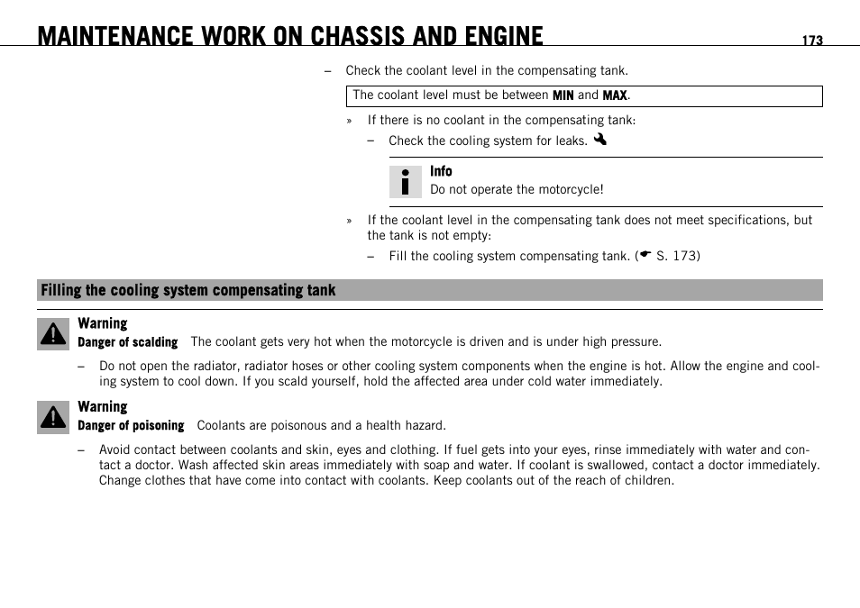 Filling the cooling system compensating tank, Maintenance work on chassis and engine | KTM 1190 RC8 FR User Manual | Page 175 / 234