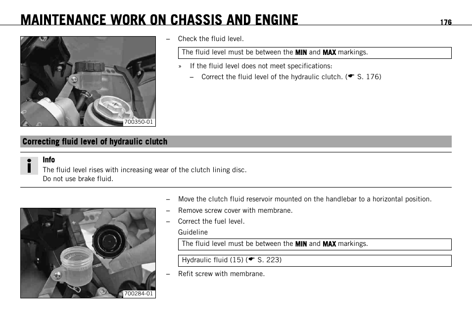 Correcting fluid level of hydraulic clutch, Maintenance work on chassis and engine | KTM 1190 RC8 FR User Manual | Page 178 / 234