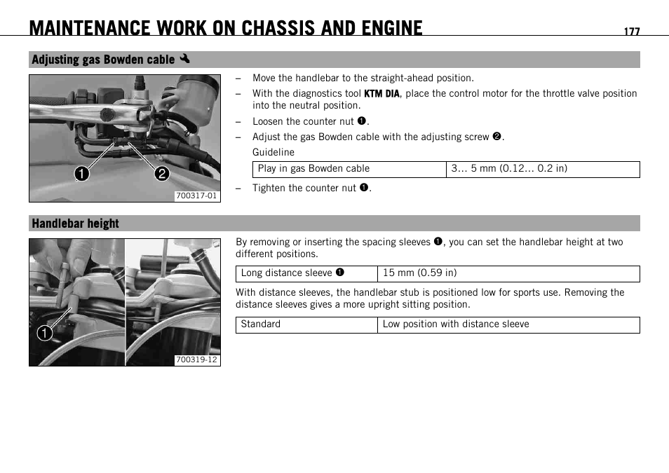 Adjusting gas bowden cable x, Handlebar height, Adjusting gas bowden cable | Maintenance work on chassis and engine | KTM 1190 RC8 FR User Manual | Page 179 / 234