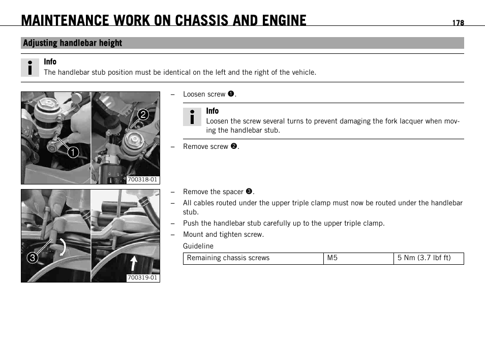 Adjusting handlebar height, Maintenance work on chassis and engine | KTM 1190 RC8 FR User Manual | Page 180 / 234