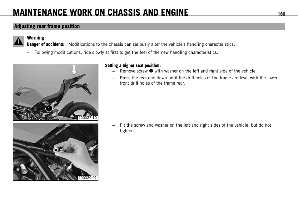 Adjusting rear frame position, Maintenance work on chassis and engine | KTM 1190 RC8 FR User Manual | Page 182 / 234