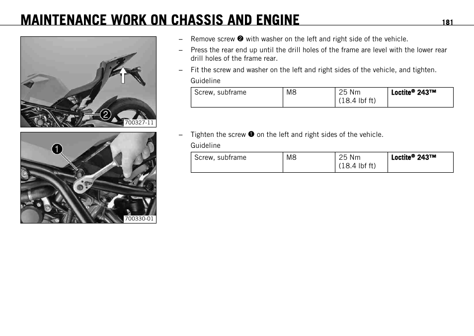 Maintenance work on chassis and engine | KTM 1190 RC8 FR User Manual | Page 183 / 234