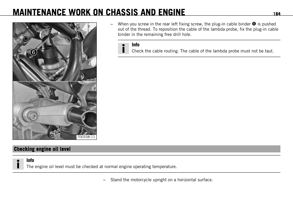 Checking engine oil level, S. 184), Maintenance work on chassis and engine | KTM 1190 RC8 FR User Manual | Page 186 / 234