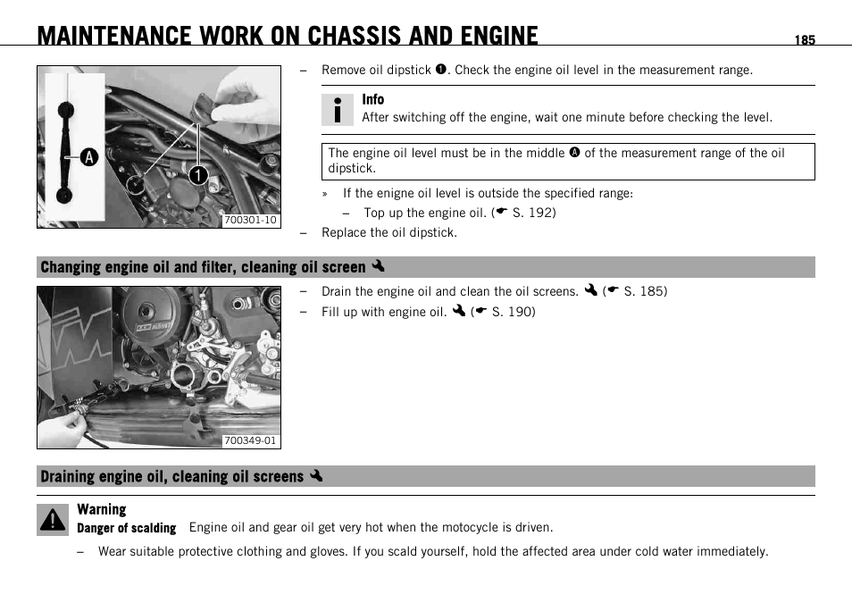 Draining engine oil, cleaning oil screens x, Draining engine oil, cleaning oil screens, S. 185) | Maintenance work on chassis and engine | KTM 1190 RC8 FR User Manual | Page 187 / 234