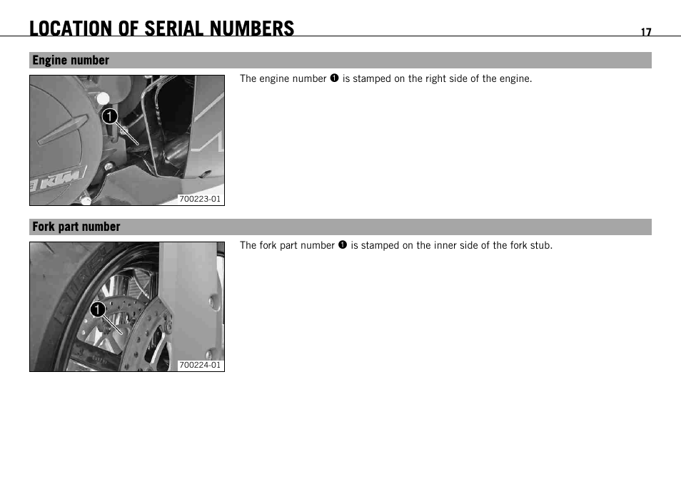 Engine number, Fork part number, S. 17) | Engine number fork part number, Location of serial numbers | KTM 1190 RC8 FR User Manual | Page 19 / 234