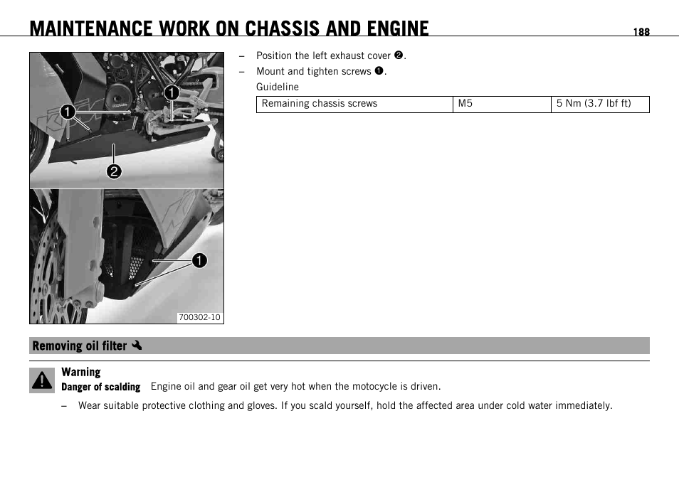 Removing oil filter x, Removing oil filter, S. 188) | Maintenance work on chassis and engine | KTM 1190 RC8 FR User Manual | Page 190 / 234