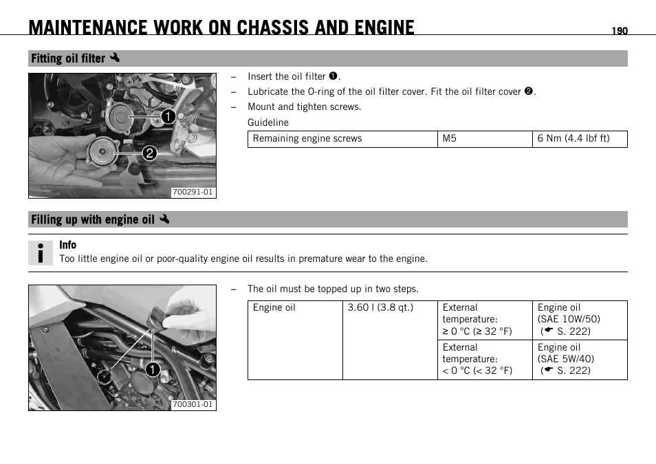 Fitting oil filter x, Filling up with engine oil x, Fitting oil filter | Filling up with engine oil, S. 190), Maintenance work on chassis and engine | KTM 1190 RC8 FR User Manual | Page 192 / 234