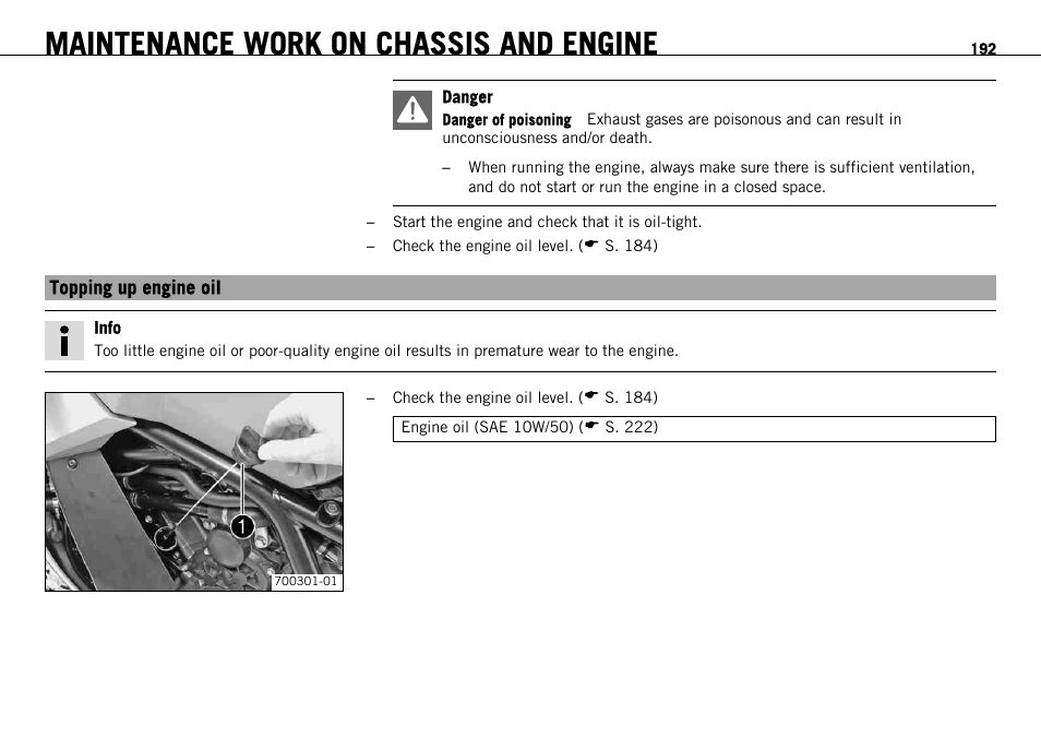 Topping up engine oil, S. 192), Maintenance work on chassis and engine | KTM 1190 RC8 FR User Manual | Page 194 / 234
