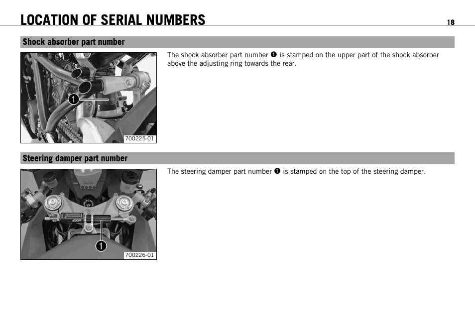 Shock absorber part number, Steering damper part number, Location of serial numbers | KTM 1190 RC8 FR User Manual | Page 20 / 234