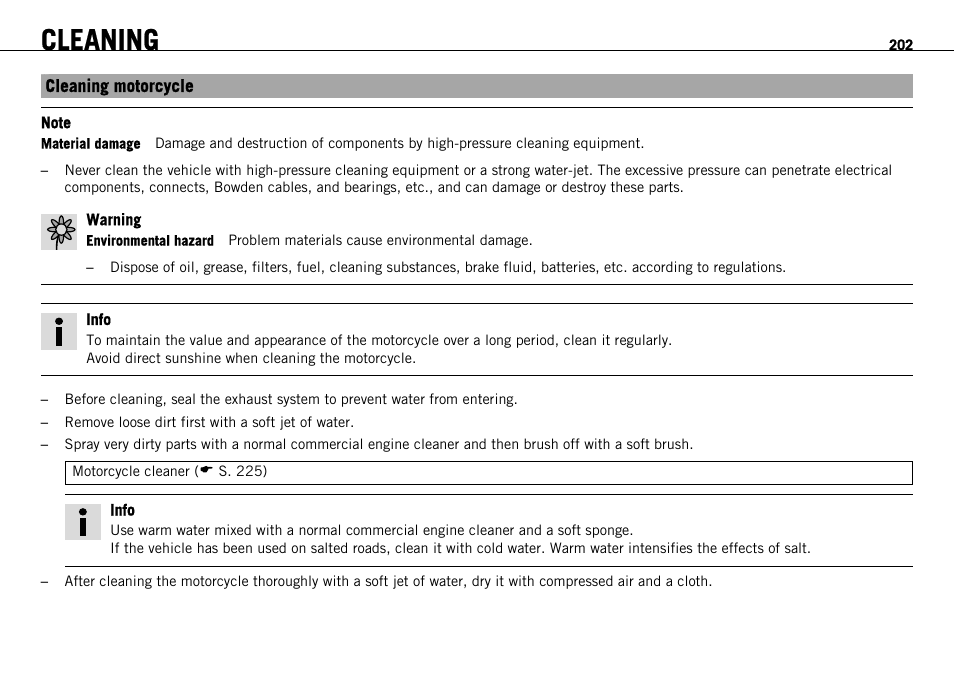 Cleaning, Cleaning motorcycle | KTM 1190 RC8 FR User Manual | Page 204 / 234