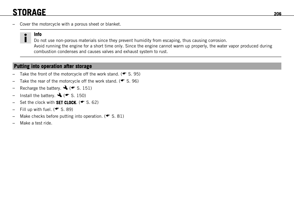 Putting into operation after storage, Storage | KTM 1190 RC8 FR User Manual | Page 208 / 234