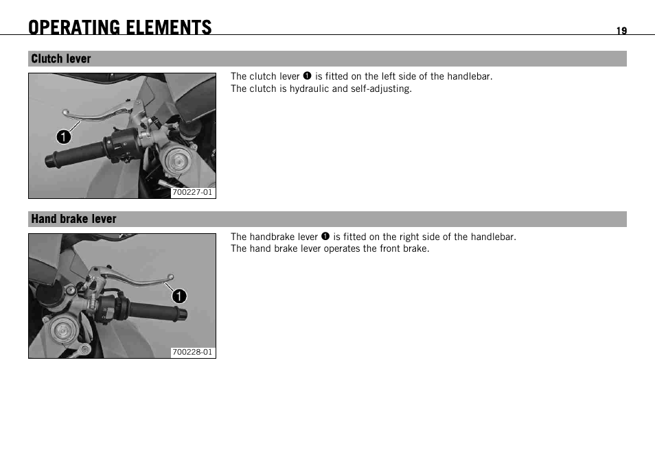 Operating elements, Clutch lever, Hand brake lever | Clutch lever hand brake lever | KTM 1190 RC8 FR User Manual | Page 21 / 234