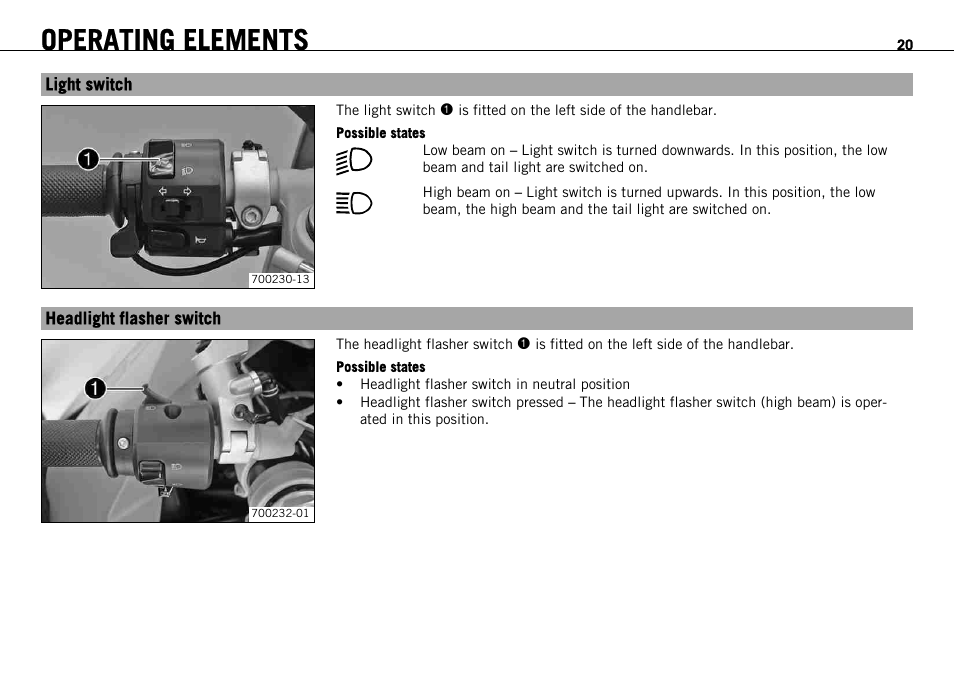 Light switch, Headlight flasher switch, Light switch headlight flasher switch | Operating elements | KTM 1190 RC8 FR User Manual | Page 22 / 234