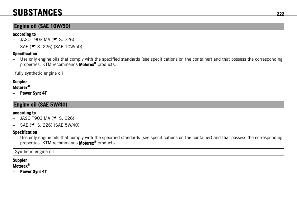 S. 222), Substances | KTM 1190 RC8 FR User Manual | Page 224 / 234