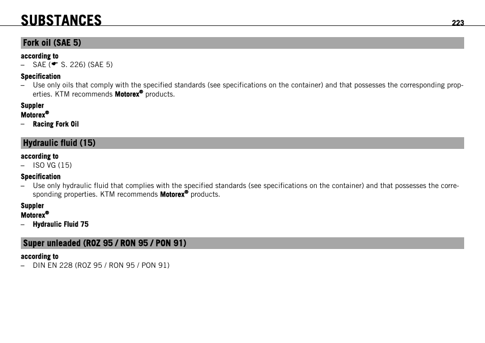 S. 223), Substances | KTM 1190 RC8 FR User Manual | Page 225 / 234