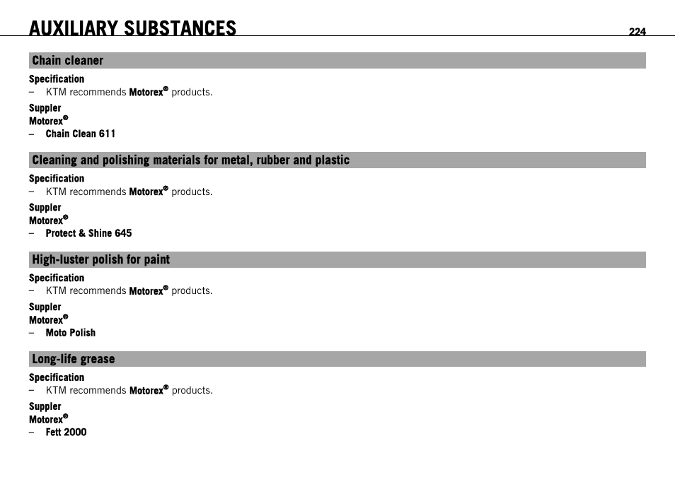 Auxiliary substances, S. 224) | KTM 1190 RC8 FR User Manual | Page 226 / 234