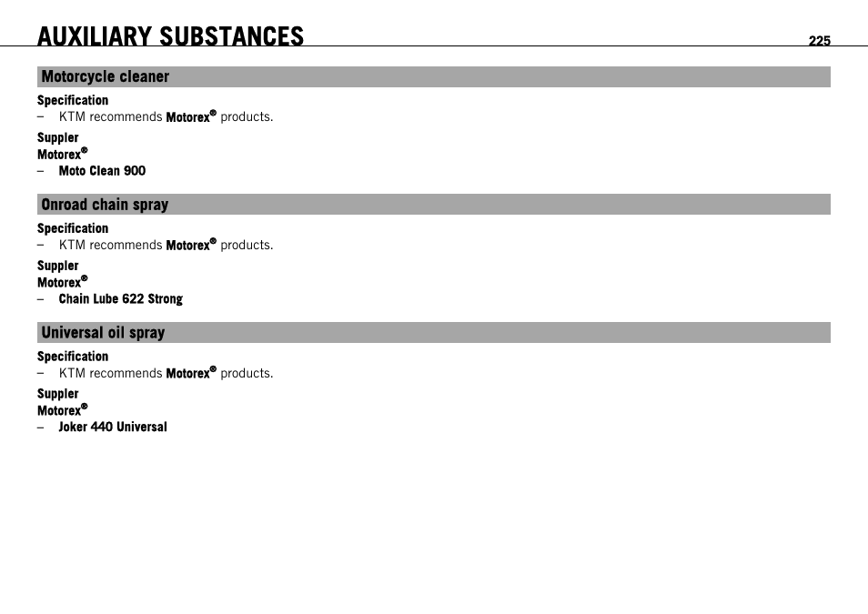 S. 225), Auxiliary substances | KTM 1190 RC8 FR User Manual | Page 227 / 234