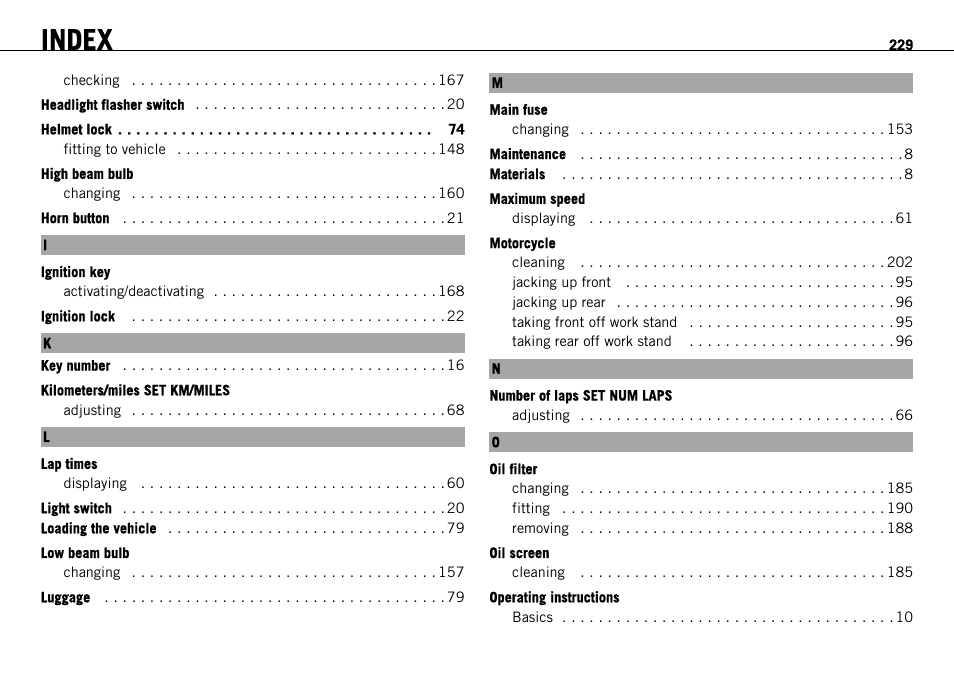 Index | KTM 1190 RC8 FR User Manual | Page 231 / 234