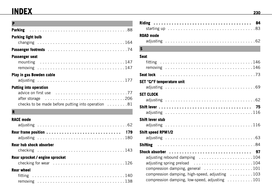 Index | KTM 1190 RC8 FR User Manual | Page 232 / 234