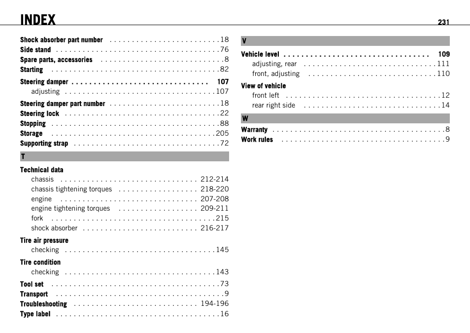Index | KTM 1190 RC8 FR User Manual | Page 233 / 234