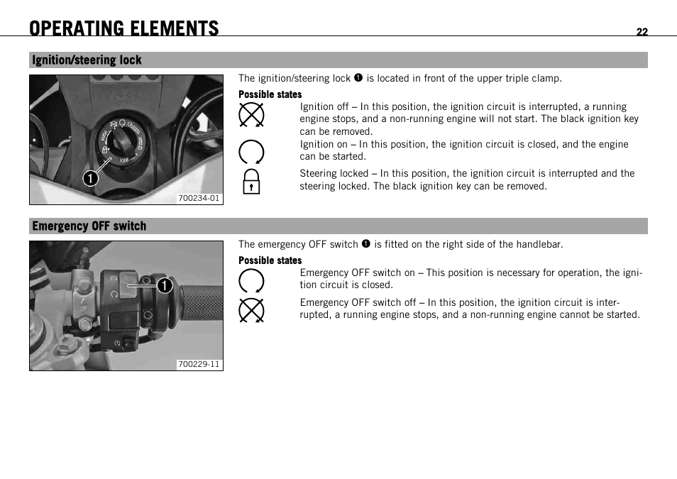 Ignition/steering lock, Emergency off switch, Ignition/steering lock emergency off switch | Operating elements | KTM 1190 RC8 FR User Manual | Page 24 / 234