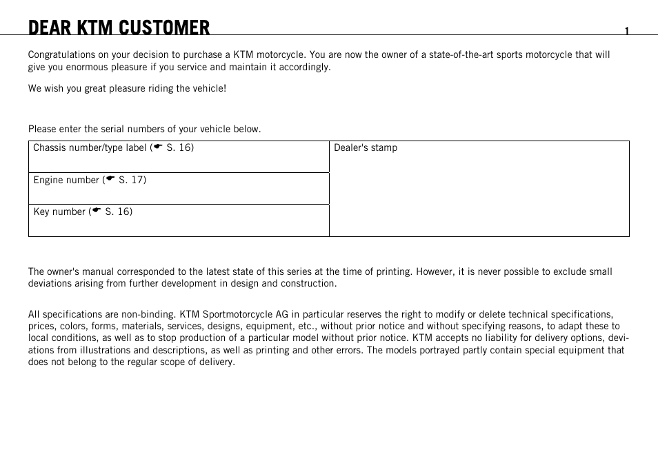 Dear ktm customer | KTM 1190 RC8 FR User Manual | Page 3 / 234