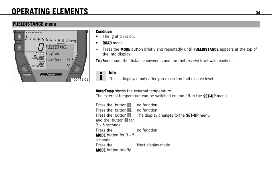 Fueldistance menu, Operating elements | KTM 1190 RC8 FR User Manual | Page 36 / 234
