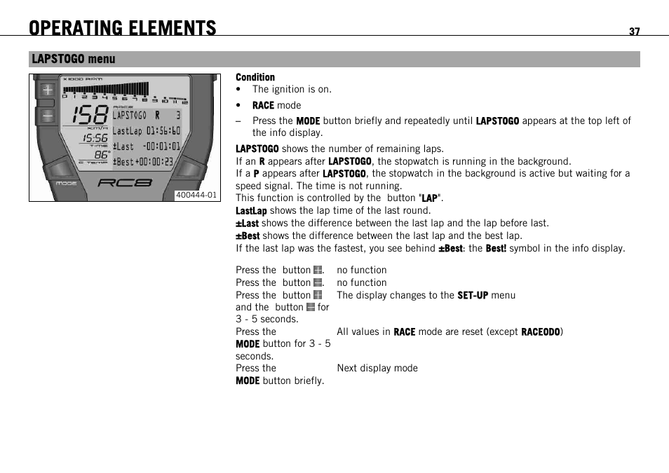 Lapstogo menu, Operating elements | KTM 1190 RC8 FR User Manual | Page 39 / 234