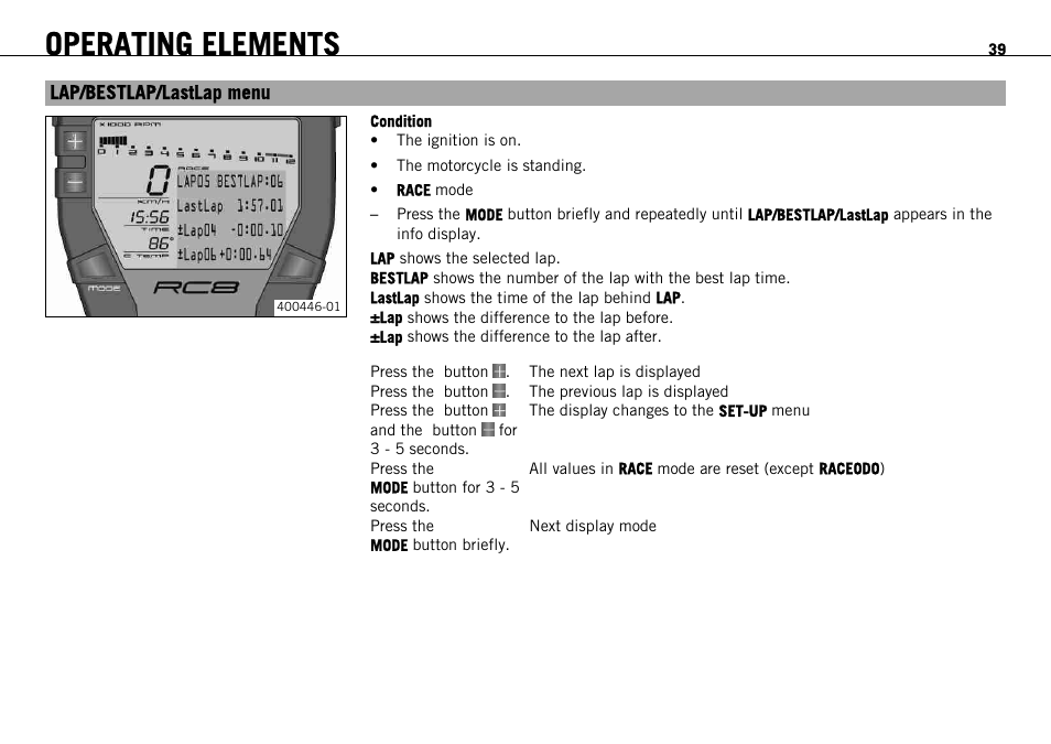 Lap/bestlap/lastlap menu, Operating elements | KTM 1190 RC8 FR User Manual | Page 41 / 234