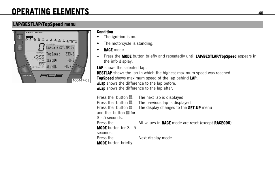 Lap/bestlap/topspeed menu, Operating elements | KTM 1190 RC8 FR User Manual | Page 42 / 234