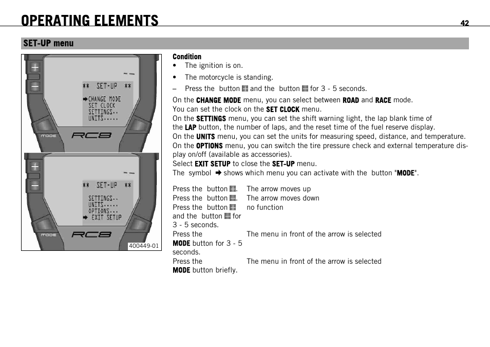 Set‑up menu, Operating elements | KTM 1190 RC8 FR User Manual | Page 44 / 234