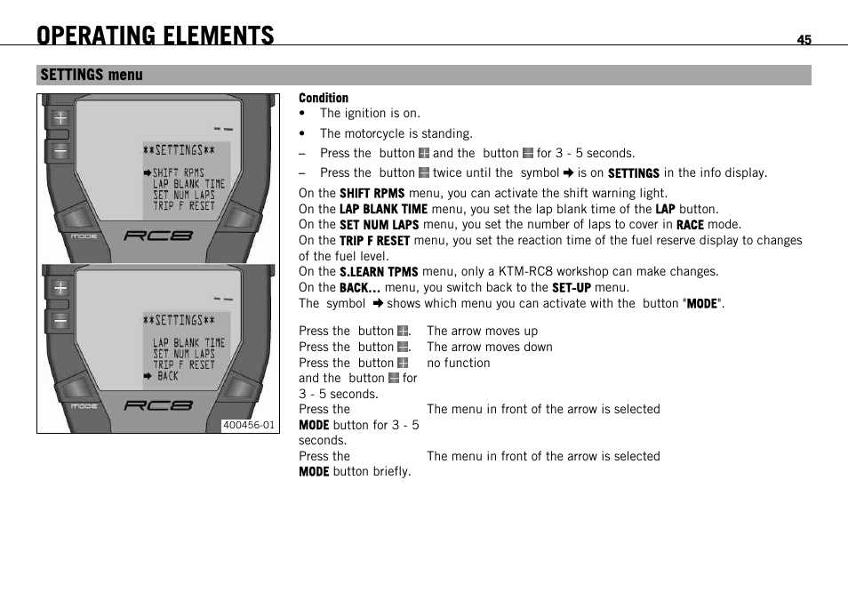 Settings menu, Operating elements | KTM 1190 RC8 FR User Manual | Page 47 / 234