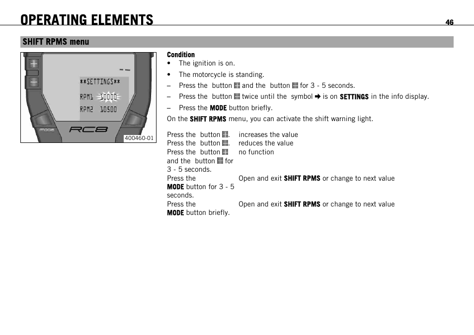 Shift rpms menu, Operating elements | KTM 1190 RC8 FR User Manual | Page 48 / 234