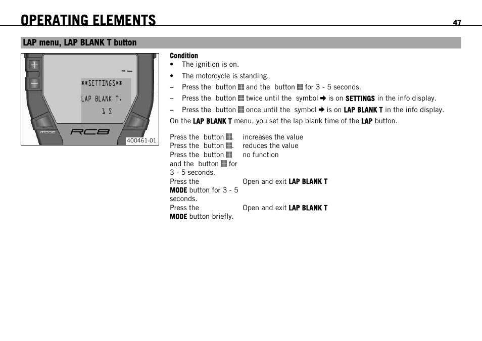 Lap menu, lap blank t button, Operating elements | KTM 1190 RC8 FR User Manual | Page 49 / 234
