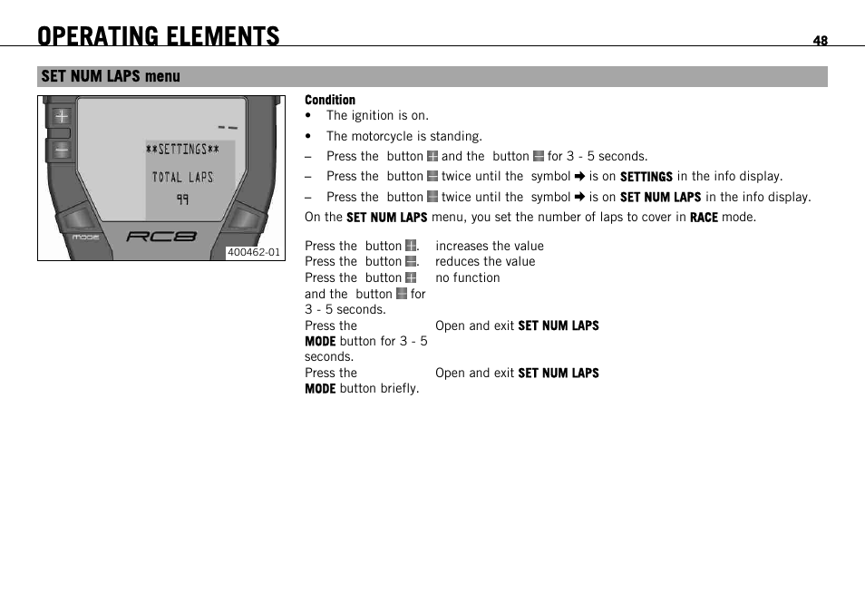 Set num laps menu, Operating elements | KTM 1190 RC8 FR User Manual | Page 50 / 234