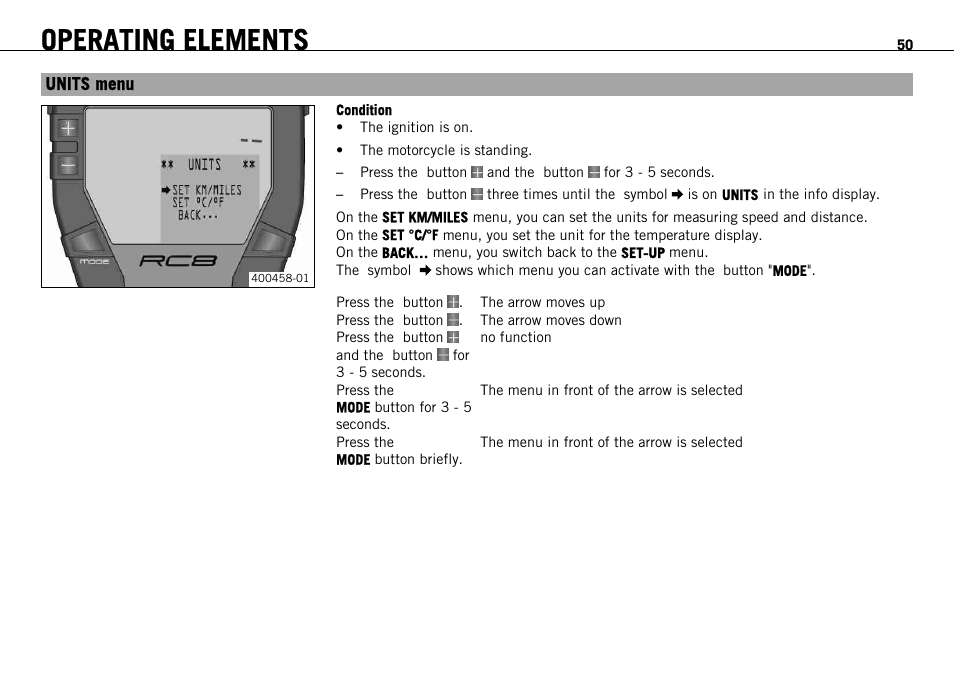 Units menu, Operating elements | KTM 1190 RC8 FR User Manual | Page 52 / 234
