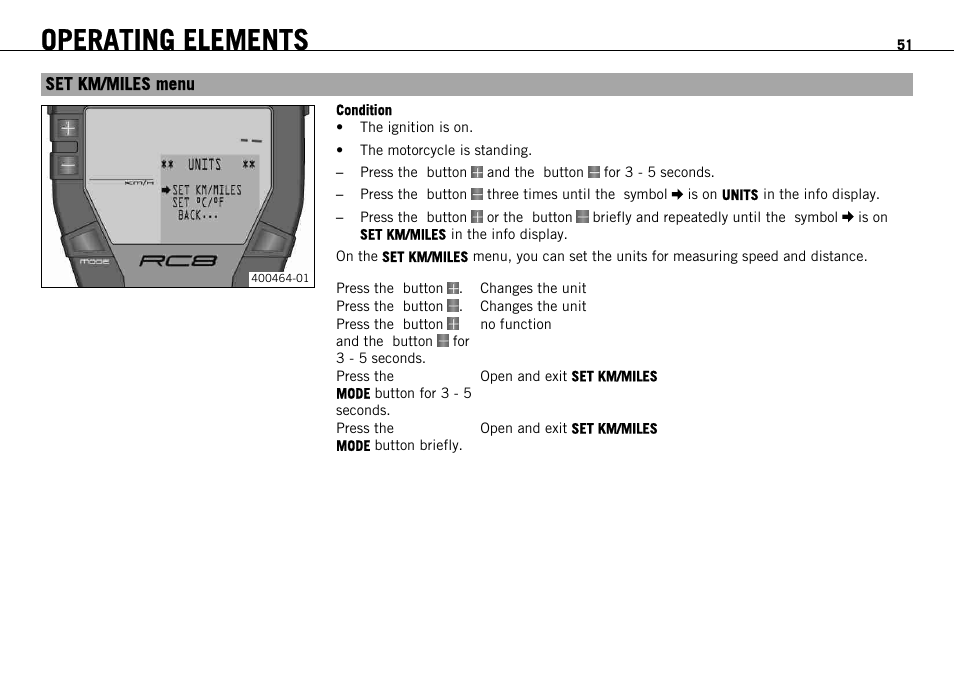 Set km/miles menu, Operating elements | KTM 1190 RC8 FR User Manual | Page 53 / 234