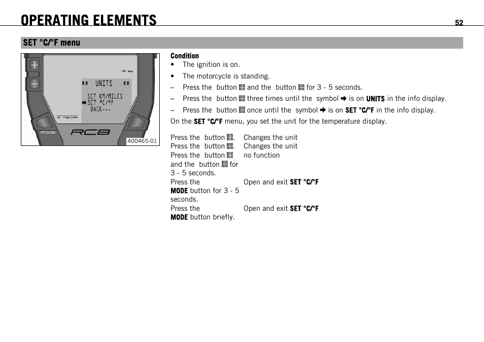 Set °c/°f menu, Operating elements | KTM 1190 RC8 FR User Manual | Page 54 / 234