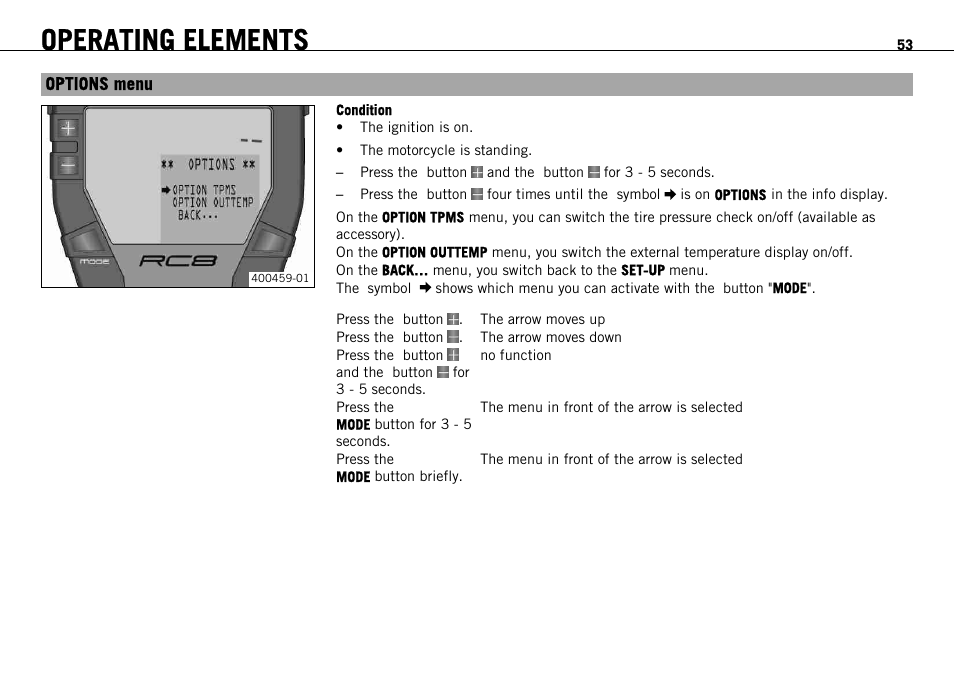 Options menu, Operating elements | KTM 1190 RC8 FR User Manual | Page 55 / 234
