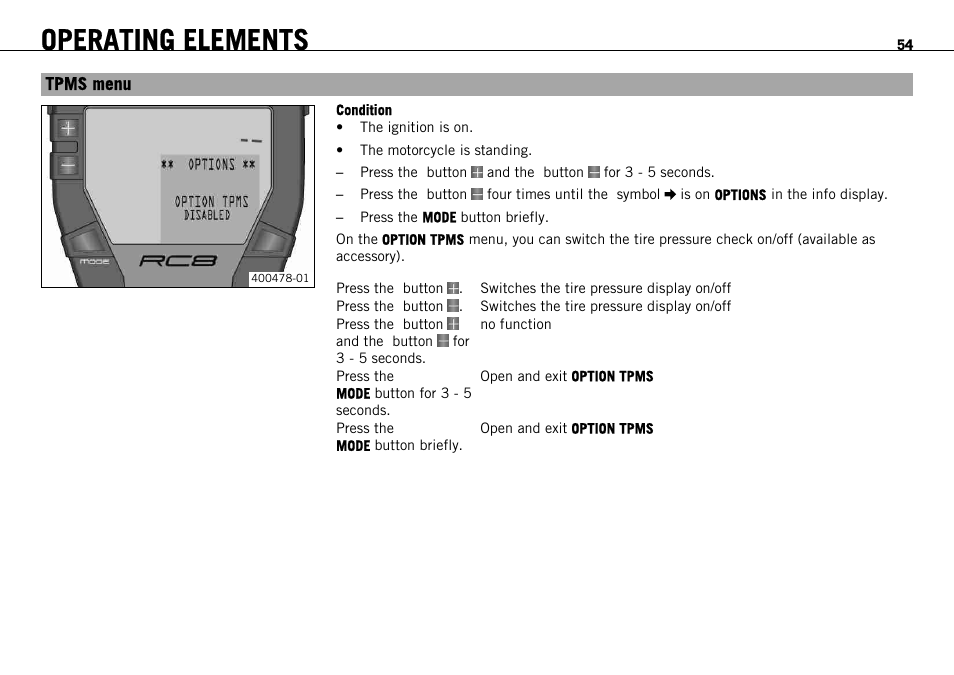 Tpms menu, Operating elements | KTM 1190 RC8 FR User Manual | Page 56 / 234