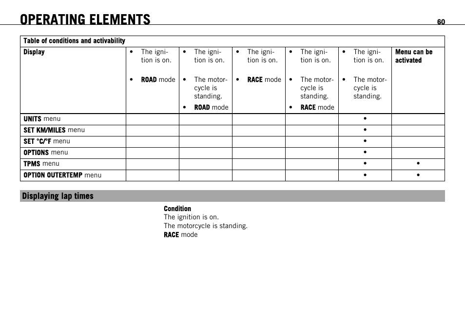 Displaying lap times, Operating elements | KTM 1190 RC8 FR User Manual | Page 62 / 234