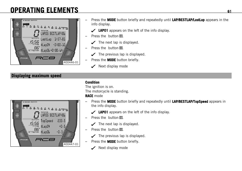 Displaying maximum speed, Operating elements | KTM 1190 RC8 FR User Manual | Page 63 / 234