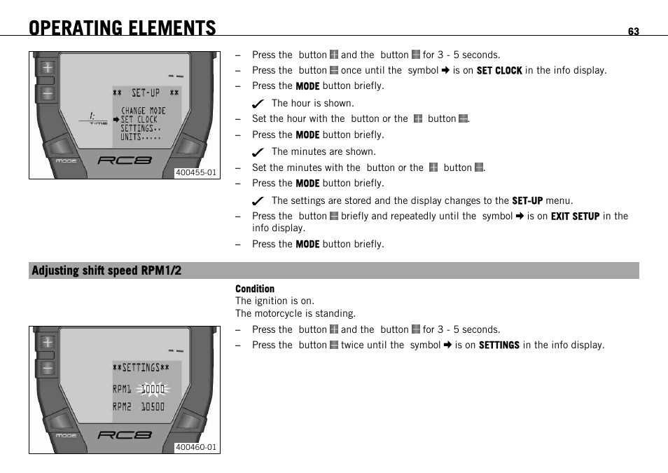 Adjusting shift speed rpm1/2, Operating elements | KTM 1190 RC8 FR User Manual | Page 65 / 234