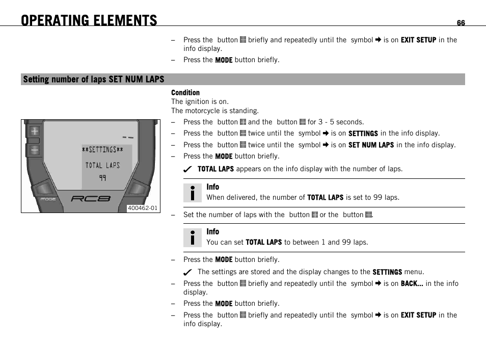 Setting number of laps set num laps, Operating elements | KTM 1190 RC8 FR User Manual | Page 68 / 234