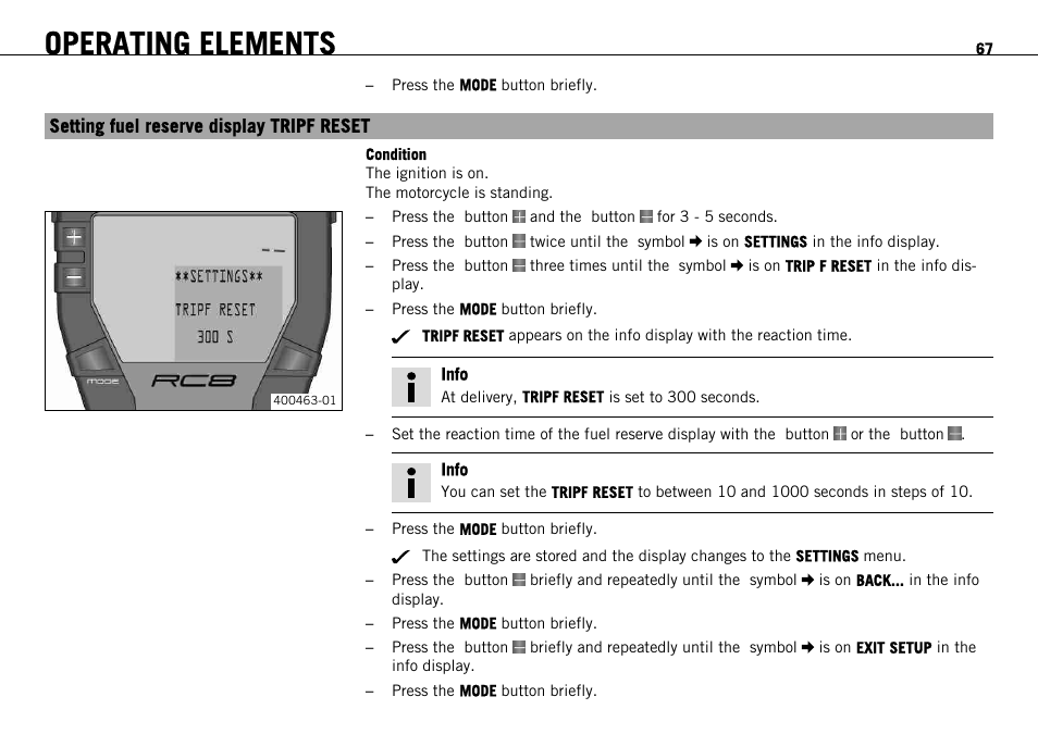 Setting fuel reserve display tripf reset, Operating elements | KTM 1190 RC8 FR User Manual | Page 69 / 234
