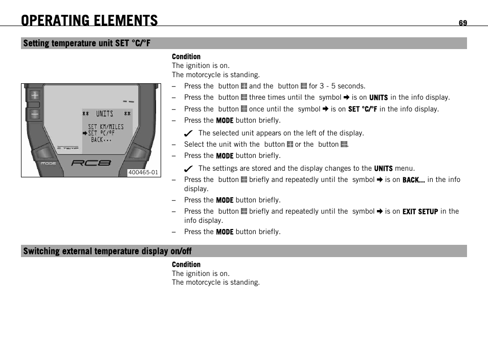 Setting temperature unit set °c/°f, Switching external temperature display on/off, Operating elements | KTM 1190 RC8 FR User Manual | Page 71 / 234