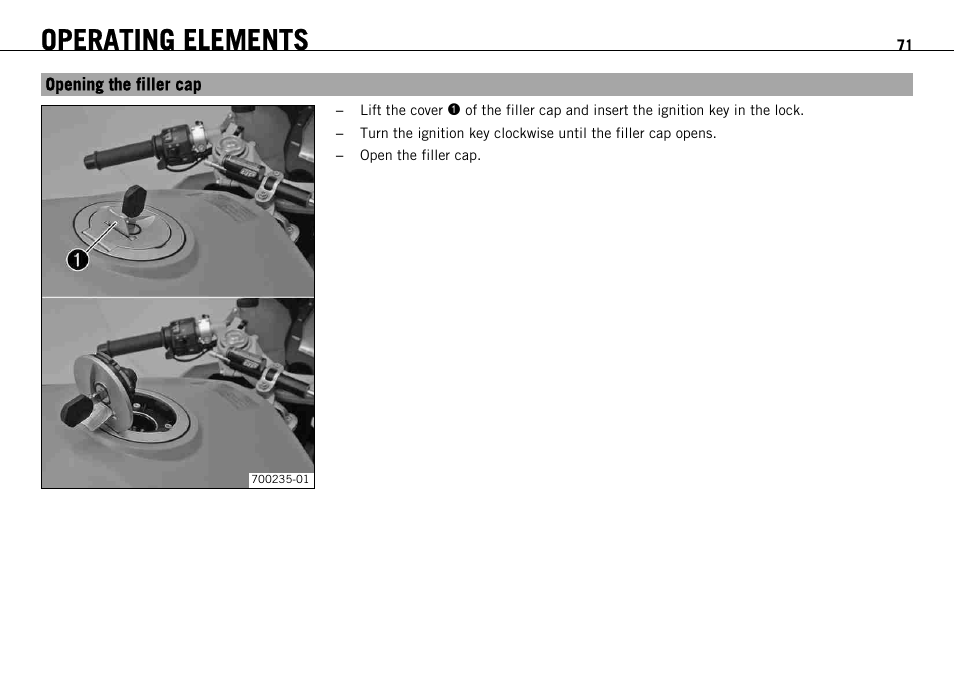 Opening the filler cap, Operating elements | KTM 1190 RC8 FR User Manual | Page 73 / 234