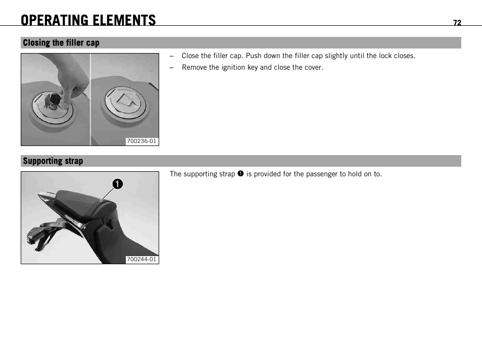 Closing the filler cap, Supporting strap, Closing the filler cap supporting strap | Operating elements | KTM 1190 RC8 FR User Manual | Page 74 / 234